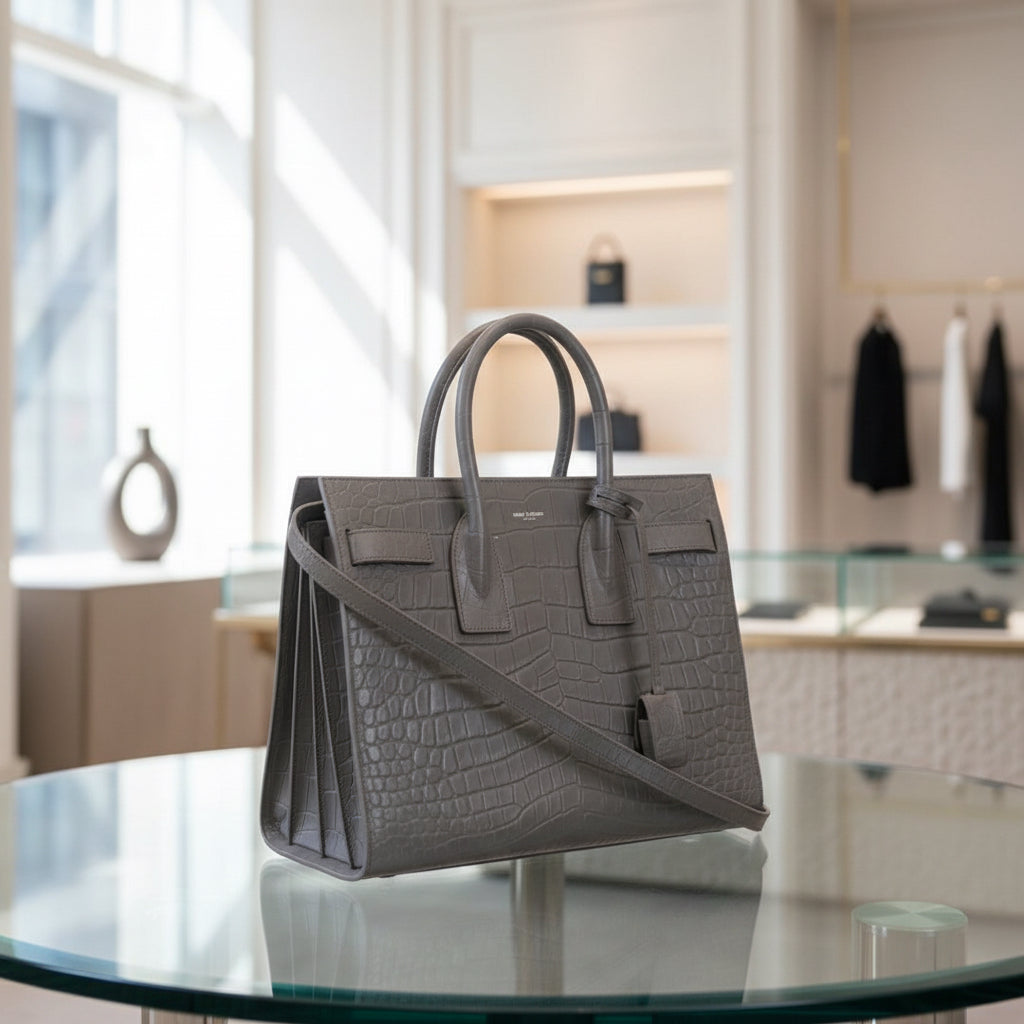 SAINT LAURENT – Sac de Jules Small 2-Way Tote Bag – Embossed Gray Leather – Italy – 100% Authentic Previously Owned Very Good Condition ~48% Off MSRP