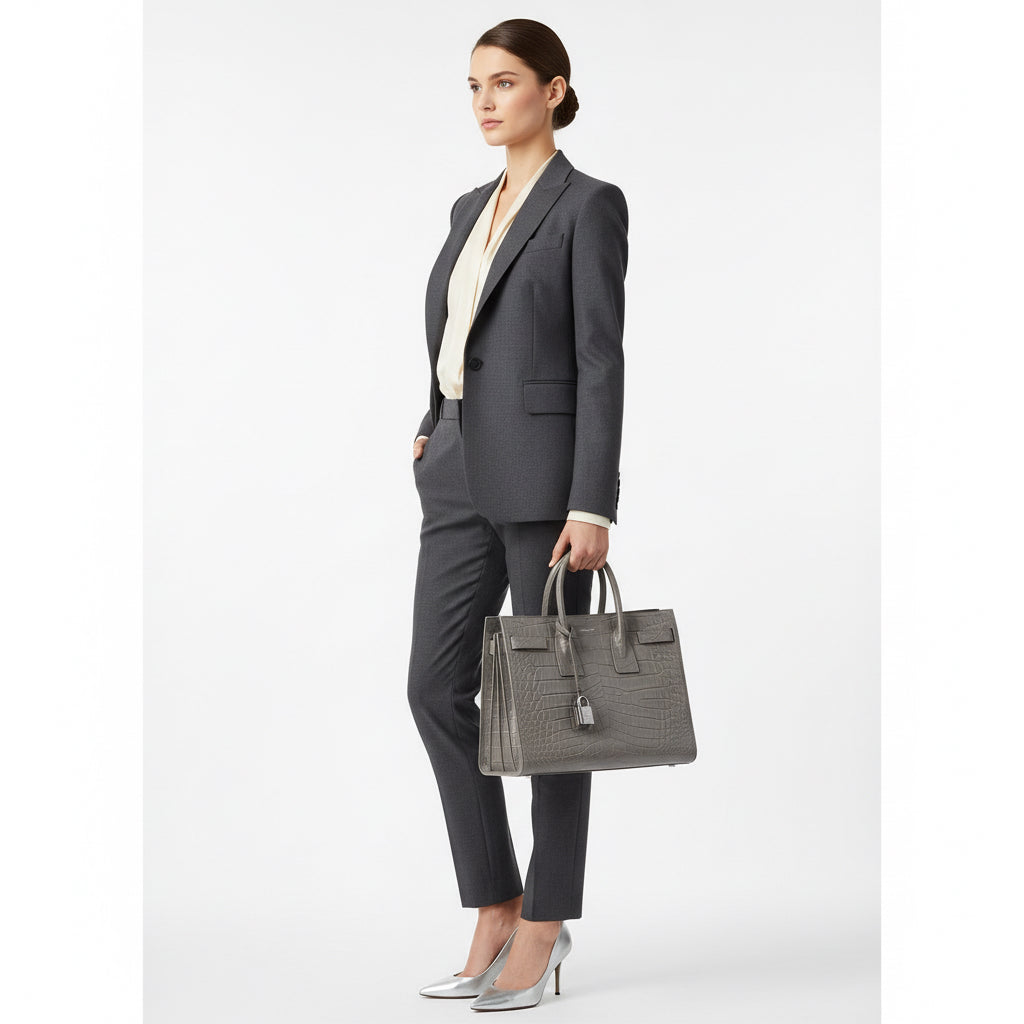 SAINT LAURENT – Sac de Jules Small 2-Way Tote Bag – Embossed Gray Leather – Italy – 100% Authentic Previously Owned Very Good Condition ~48% Off MSRP