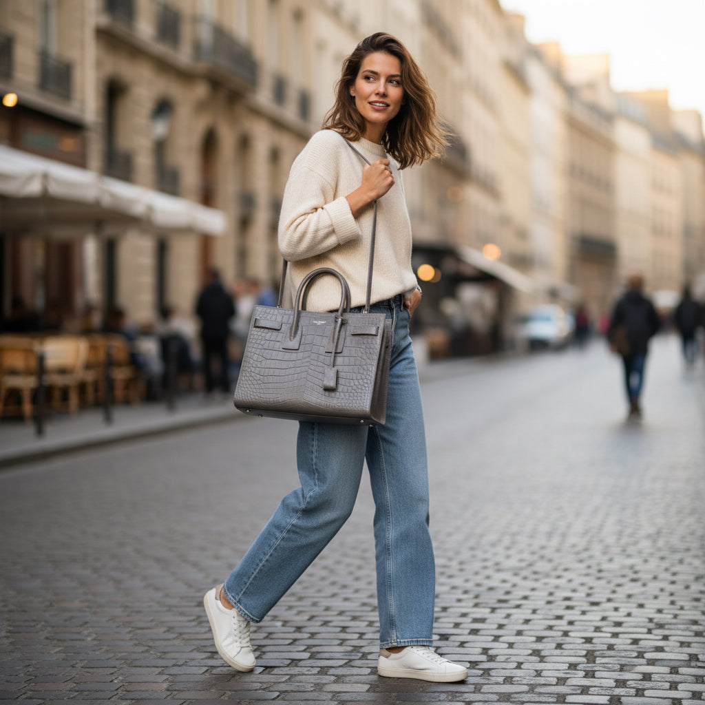 SAINT LAURENT – Sac de Jules Small 2-Way Tote Bag – Embossed Gray Leather – Italy – 100% Authentic Previously Owned Very Good Condition ~48% Off MSRP