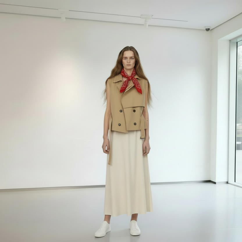 Belted Double-Breasted Khaki Structured Trench Vest