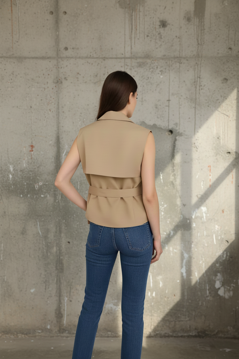 Belted Double-Breasted Khaki Structured Trench Vest