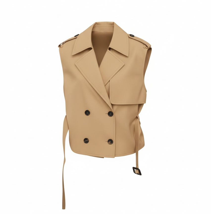 Belted Double-Breasted Khaki Structured Trench Vest