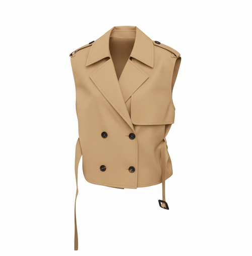 Belted Double-Breasted Khaki Structured Trench Vest