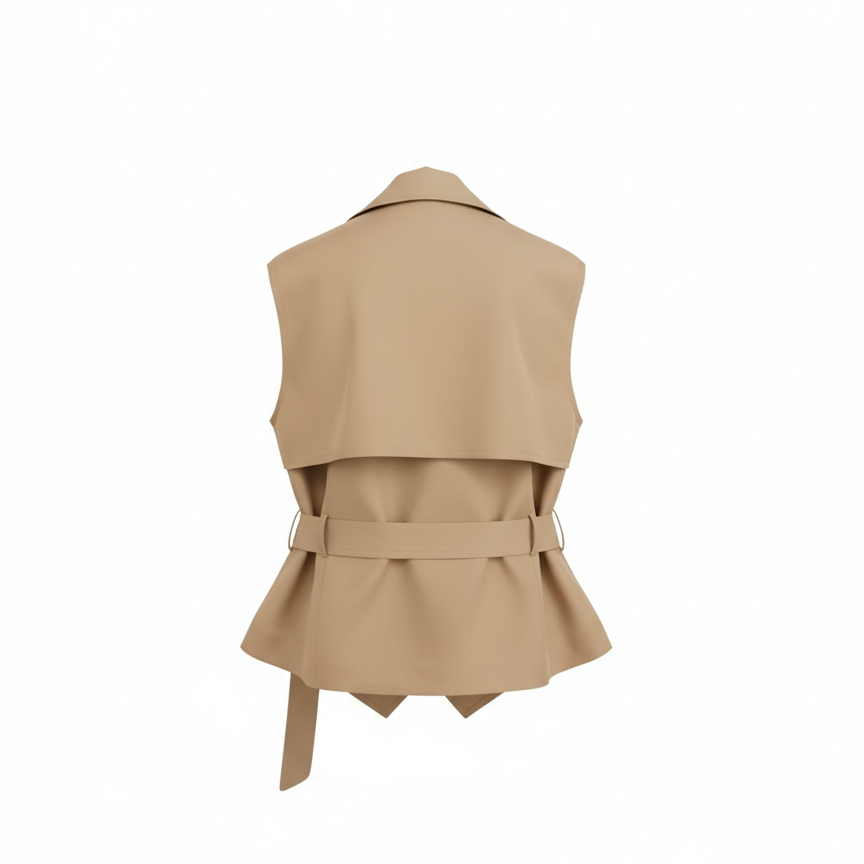 Belted Double-Breasted Khaki Structured Trench Vest
