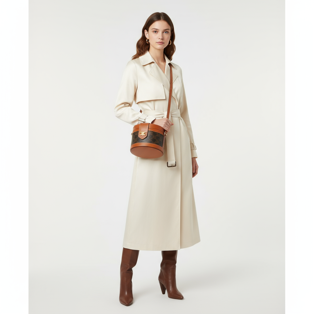 CELINE – Tambour Triomphe Shoulder Bag – Brown PVC & Calfskin – 100% Authentic ✨Previously Owned Excellent condition ~28% Off MSRP