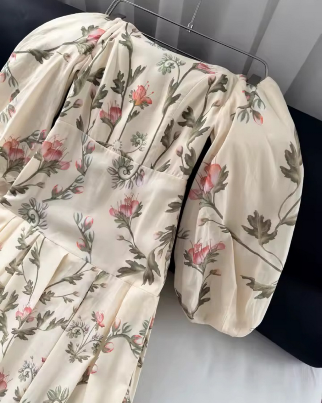100% Linen Beige Floral Maxi  – Wide Neckline Empire Waist Lantern Sleeve Dress