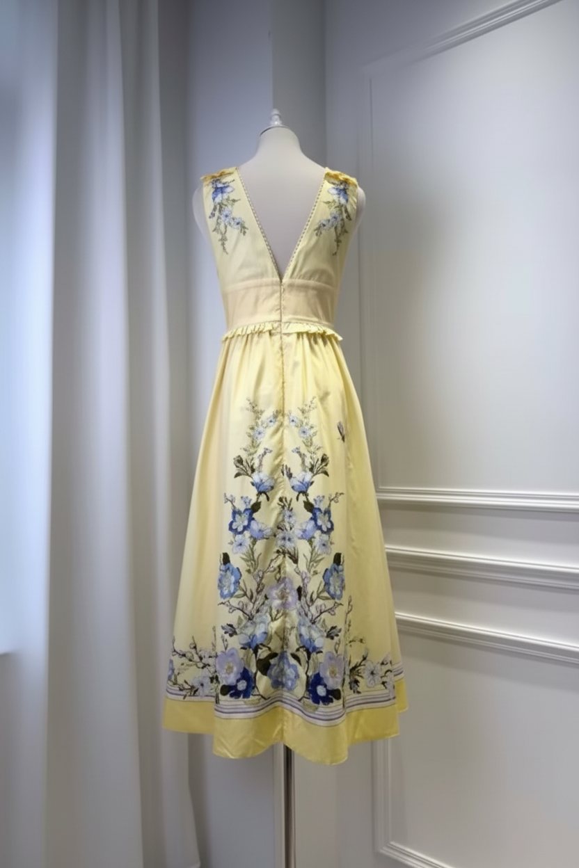 Butter Yellow Floral Print Empire Waist Midi Dress | Sleeveless V-Neck A-Line Dress