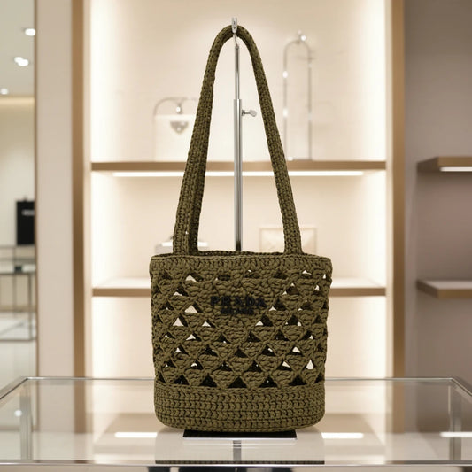 PRADA – Crochet Tote Bag 1BG494 – Olive Rayon – 100% Authentic Previously Owned Pristine~37% Off MSRP