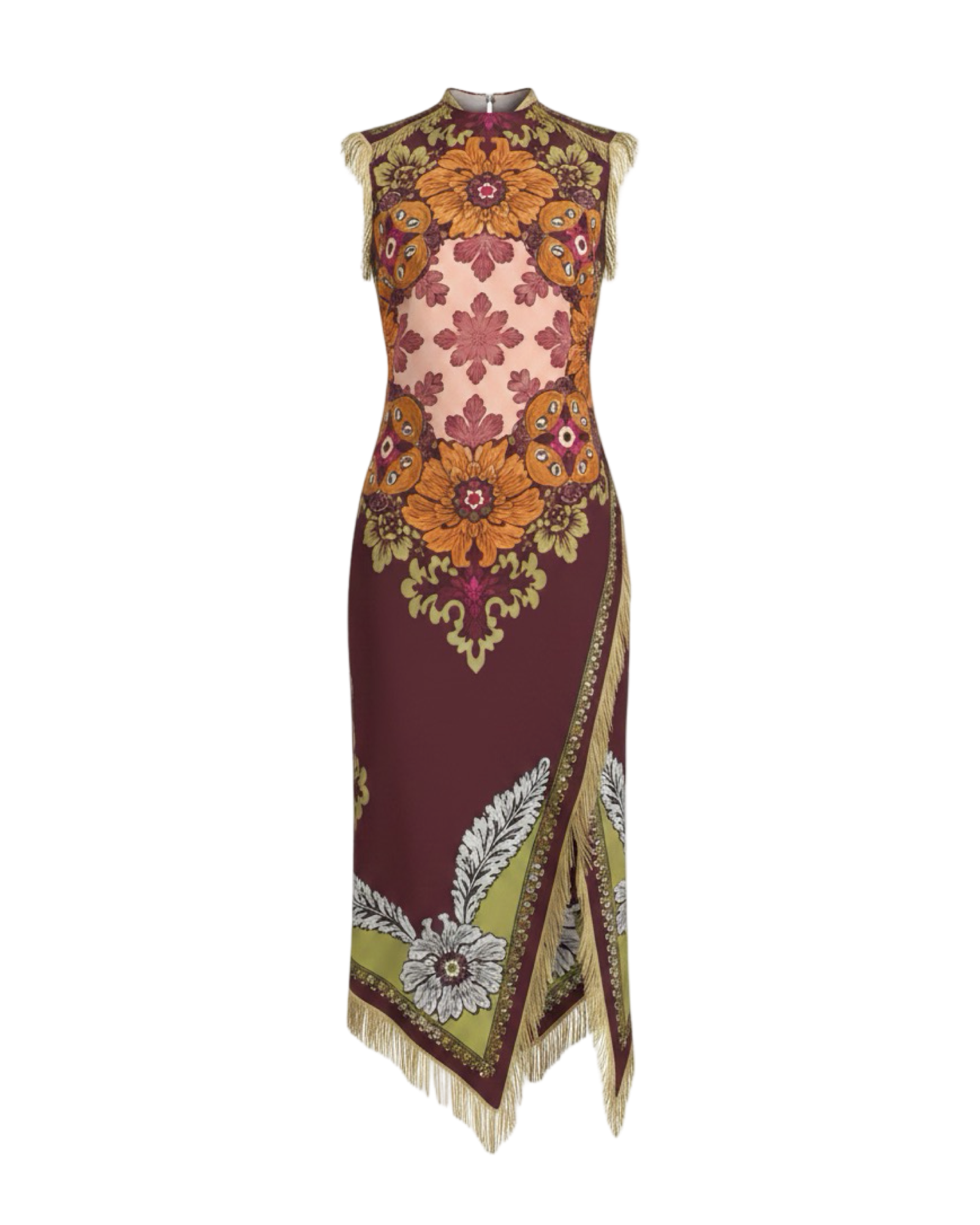Vintage Print Sleeveless Asymmetrical Midi Dress | Deep Teal  And Burgundy Motifs| Tasseled Hems