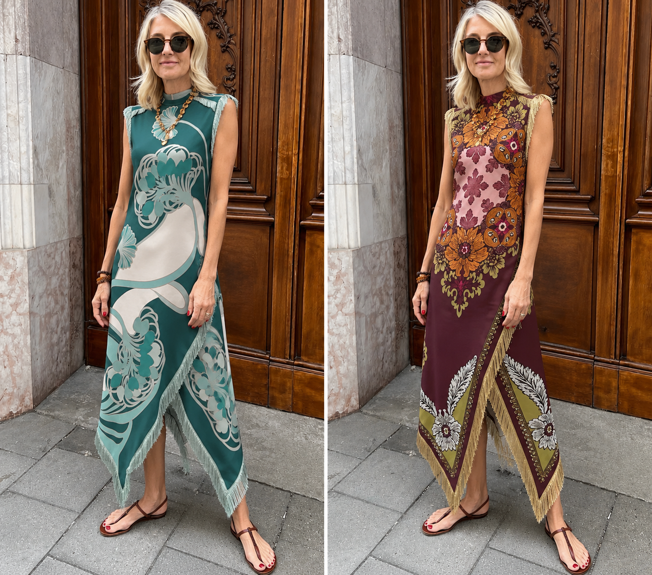 Vintage Print Sleeveless Asymmetrical Midi Dress | Deep Teal  And Burgundy Motifs| Tasseled Hems