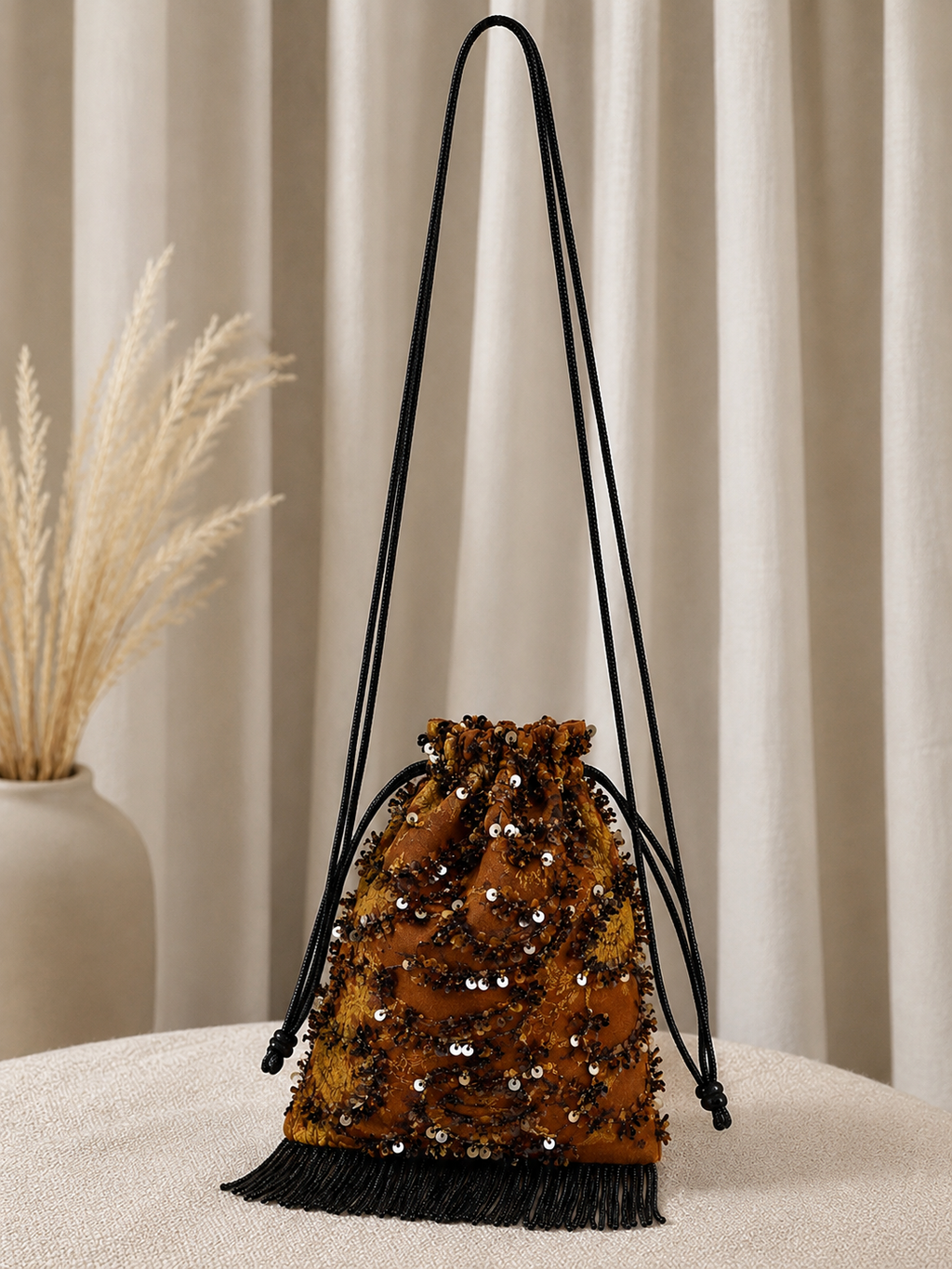 Embroidered Sequin Fringe Drawstring Pouch Bag – Caramel