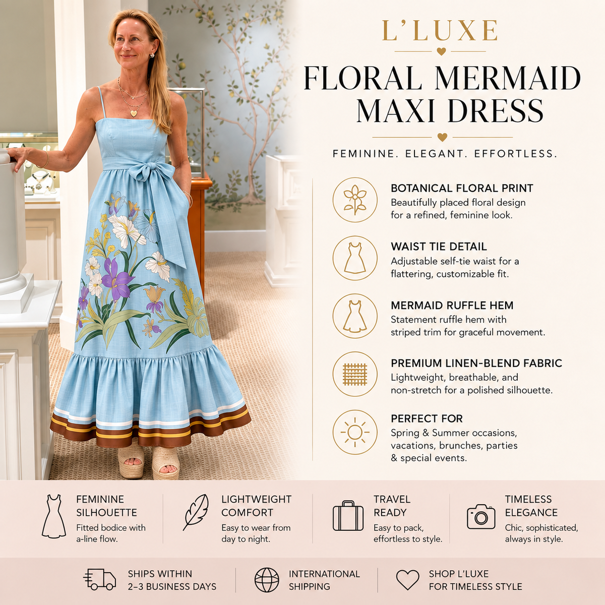 Florales trägerloses Meerjungfrauen-Maxikleid | Elegantes Sommerkleid mit Rüschensaum und Taschen