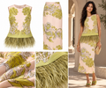 Botanical Print Feather-Trim Sleeveless Top & Midi Matching Skirt Set