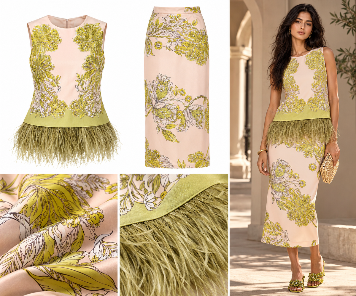 Botanical Print Feather-Trim Sleeveless Top & Midi Matching Skirt Set