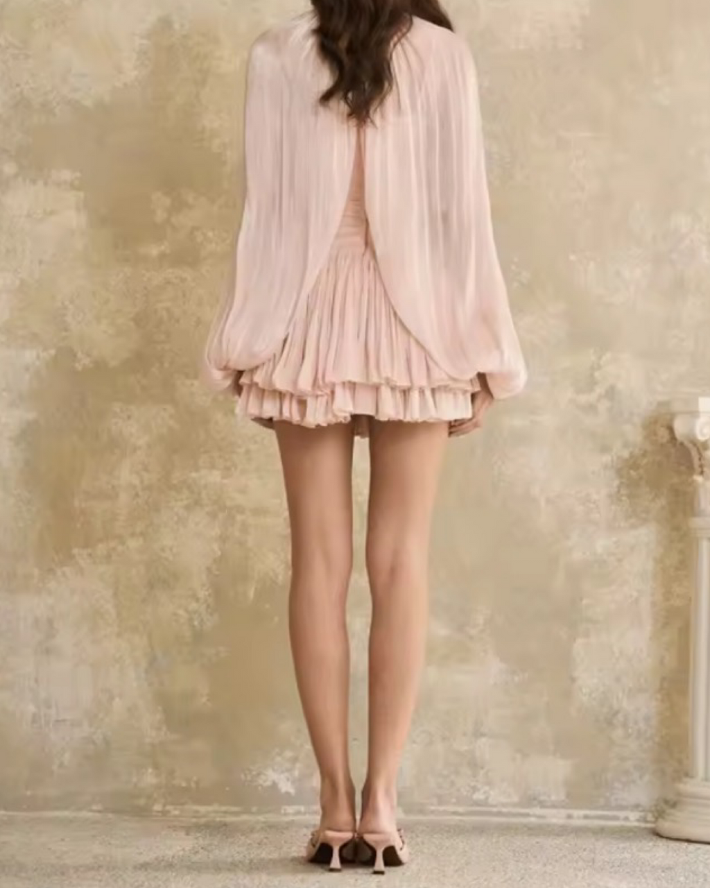 Blush Pink Cape Sleeve Pleated Mini Dress | High Collar Draped