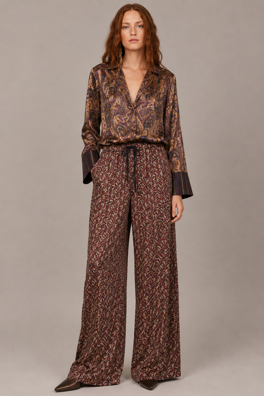 Paisley Satin Shirt & Wide-Leg Pants – Autumn ’26