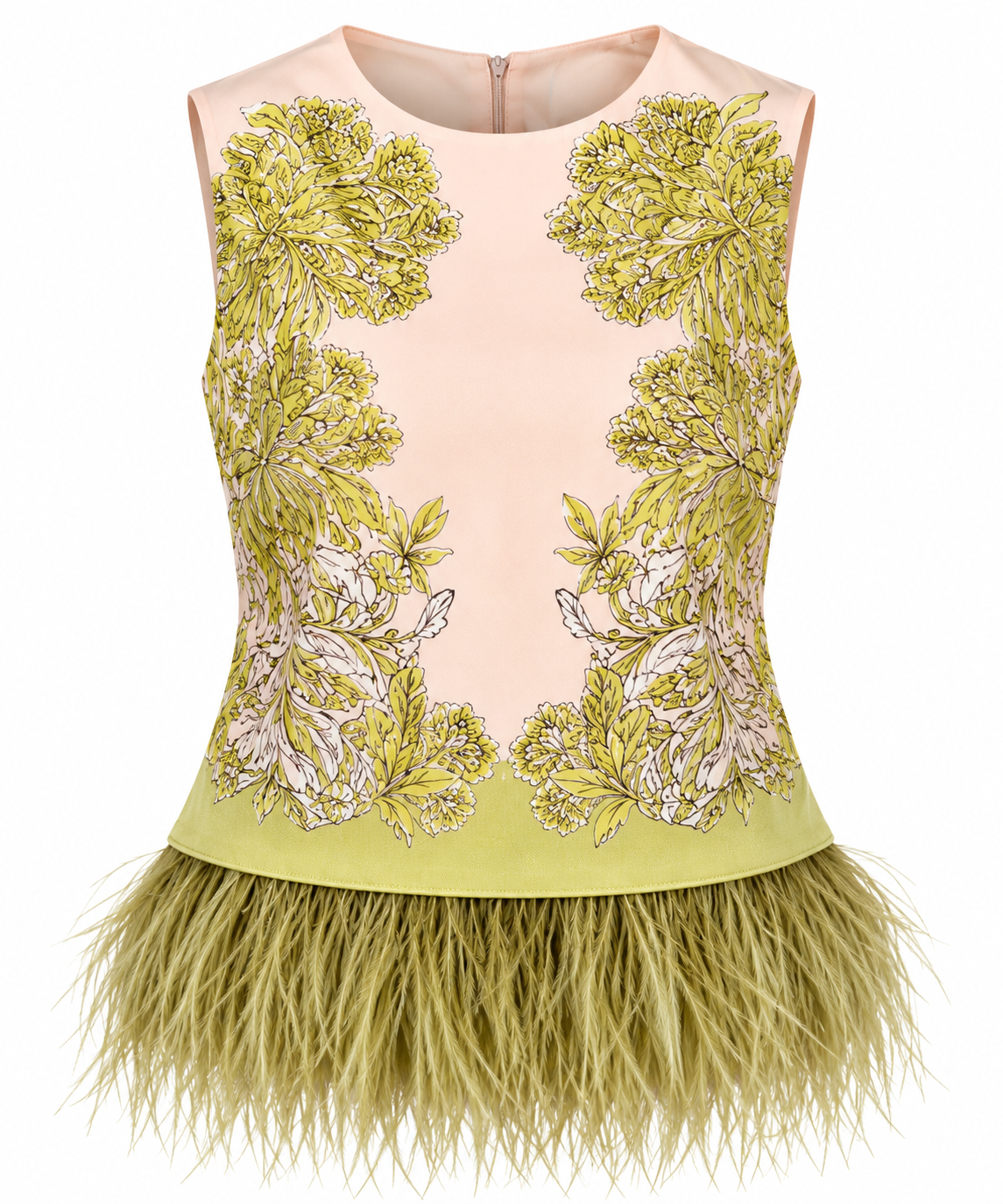 Botanical Print Feather-Trim Sleeveless Top & Midi Matching Skirt Set