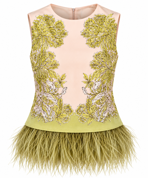 Botanical Print Feather-Trim Sleeveless Top & Midi Matching Skirt Set