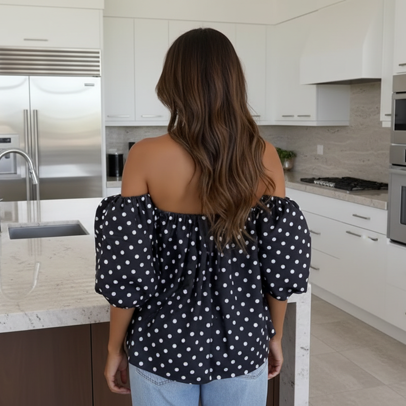 Polka Dot Off-Shoulder Puff Sleeve Blouse – Women’s Relaxed Fit Statement Top