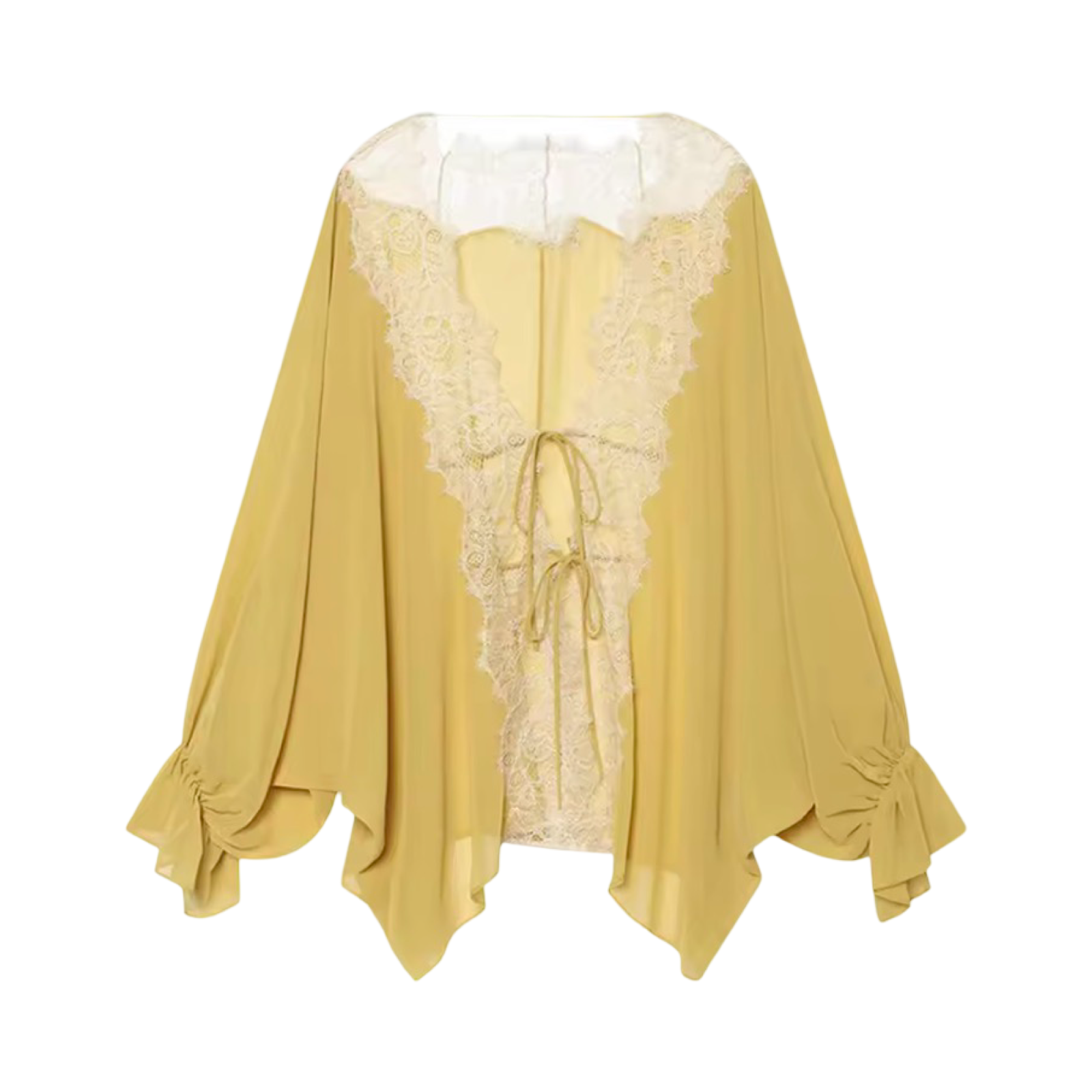 Lace Patchwork Lantern Sleeve Tie-Front Blouse | Sheer Loose Fit Statement Top