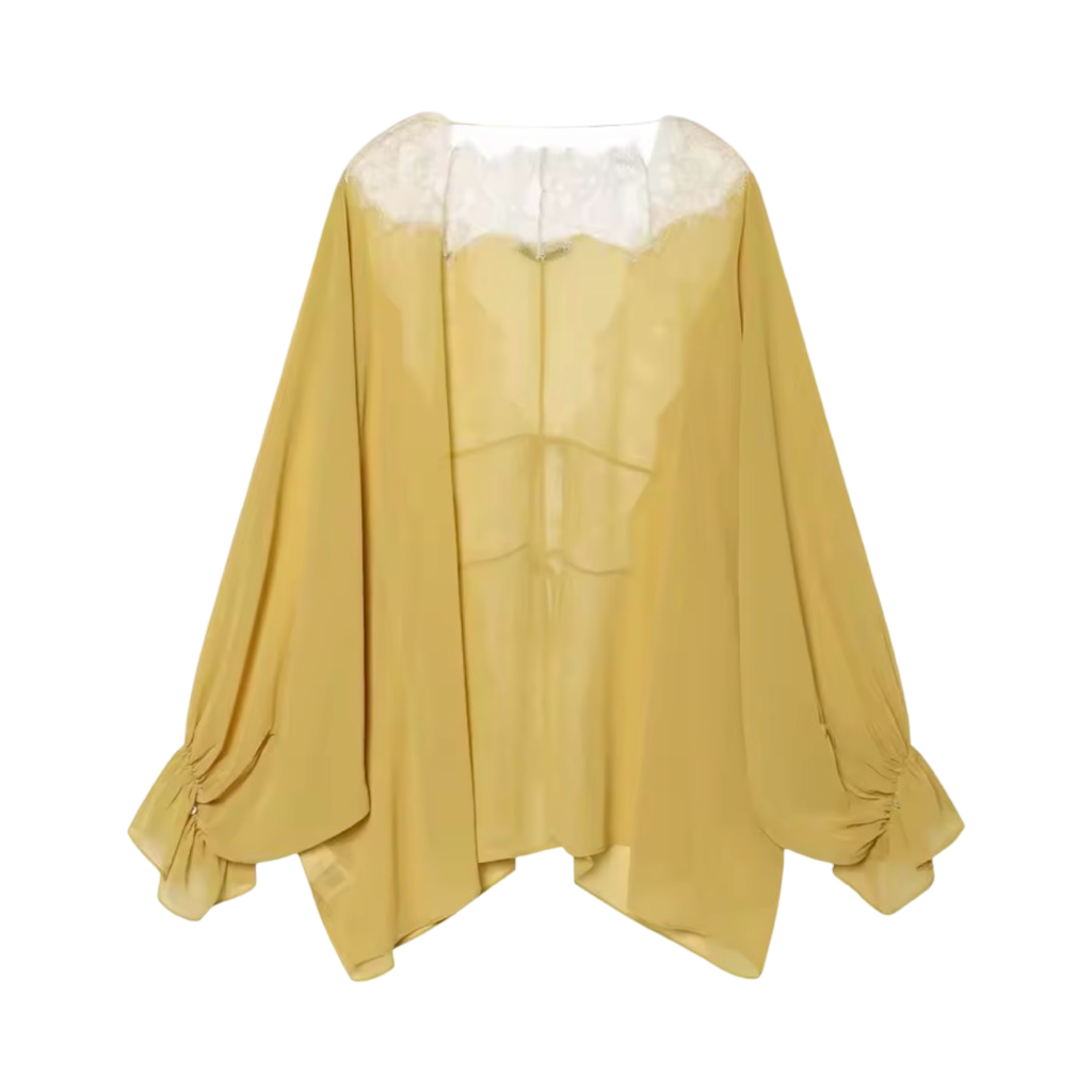 Lace Patchwork Lantern Sleeve Tie-Front Blouse | Sheer Loose Fit Statement Top