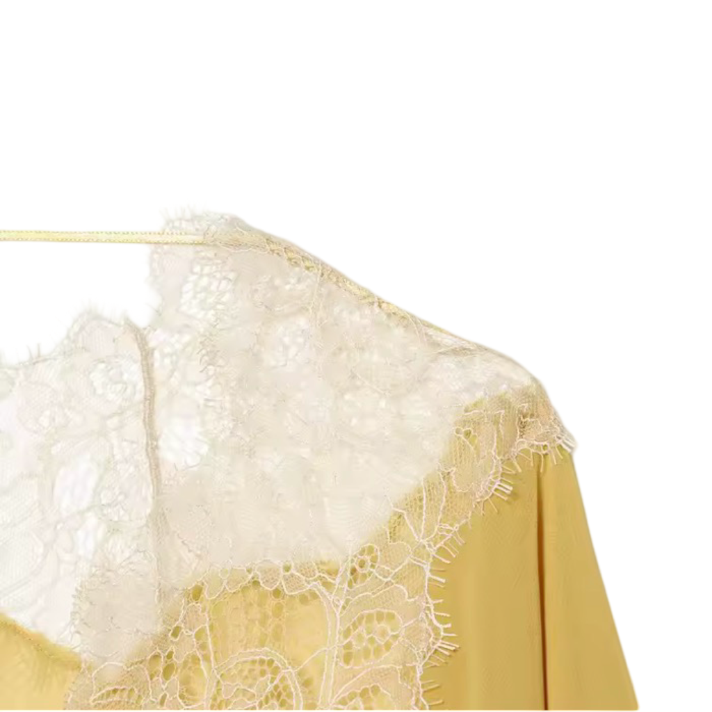 Lace Patchwork Lantern Sleeve Tie-Front Blouse | Sheer Loose Fit Statement Top
