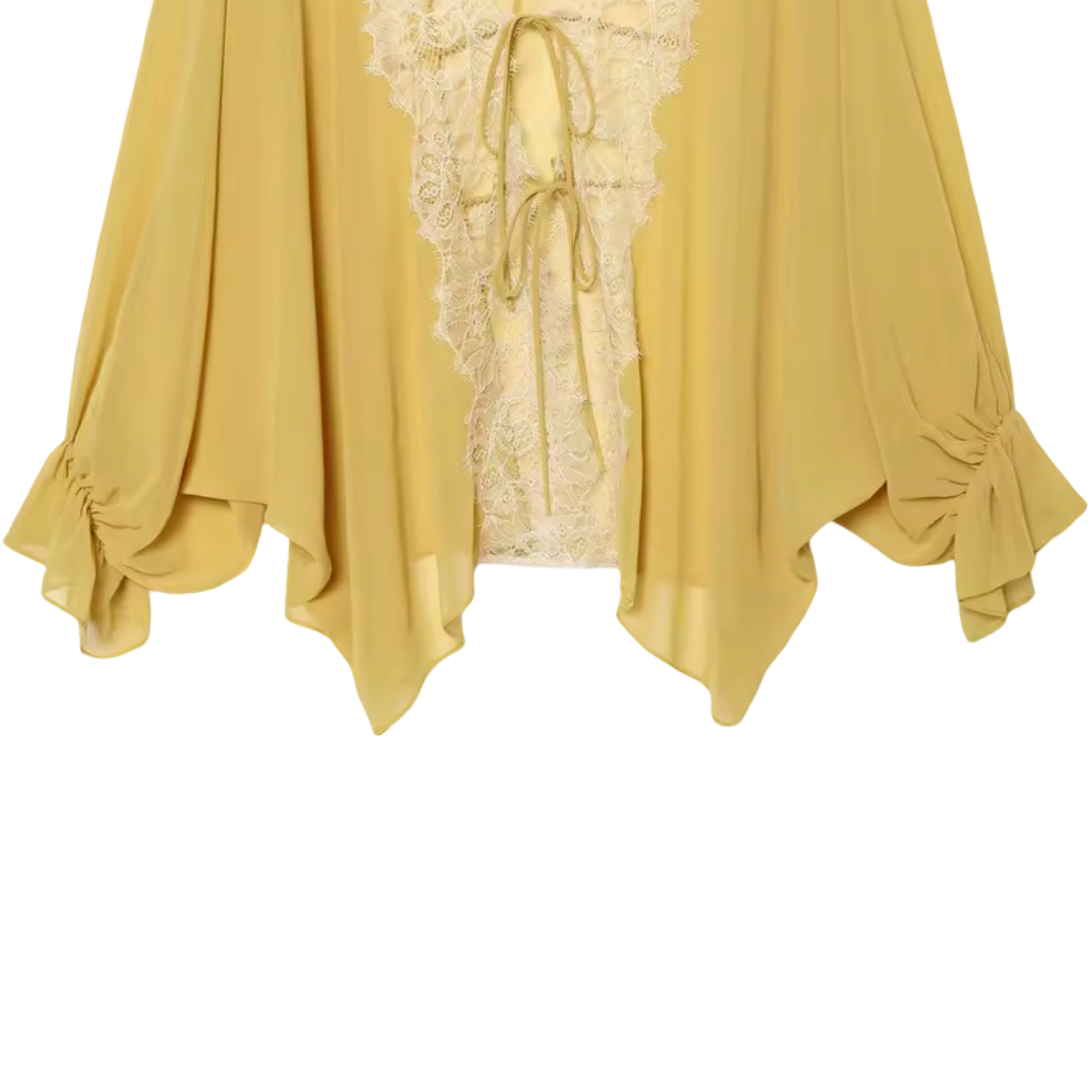 Lace Patchwork Lantern Sleeve Tie-Front Blouse | Sheer Loose Fit Statement Top