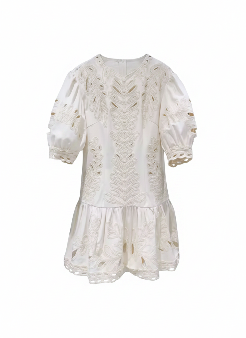 Ivory Embroidered Puff Sleeve Mini Dress – Cotton Blend A-Line O-Neck Dress