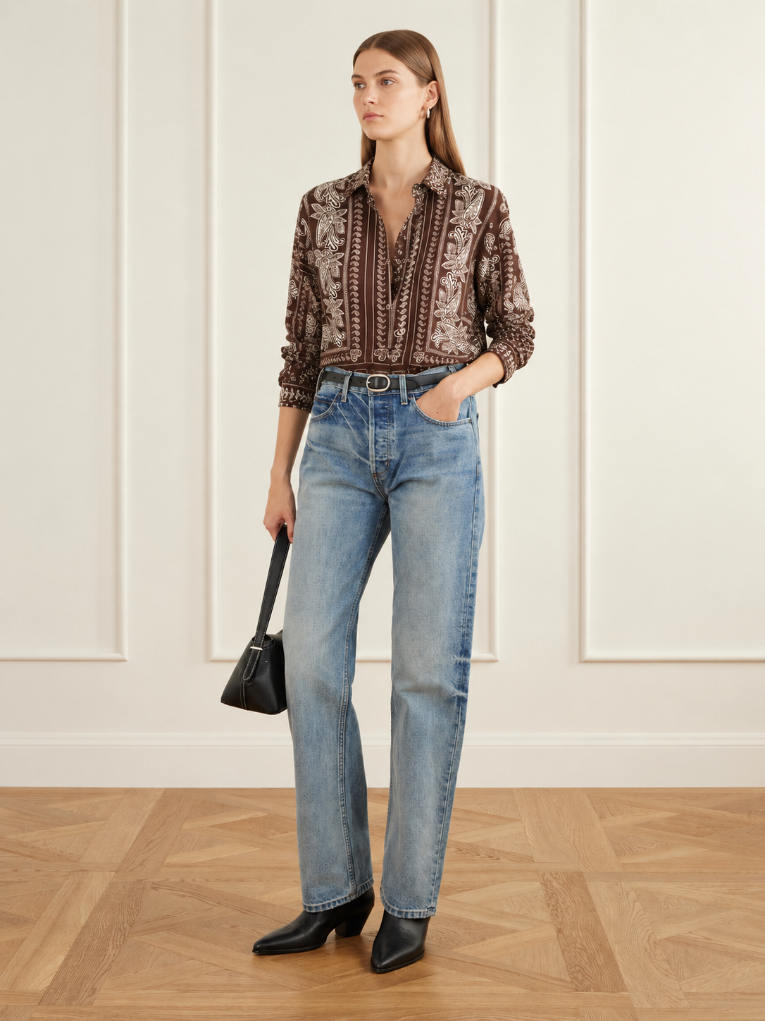 Paisley Print Relaxed Shirt & Wide-Leg Pants – Brown