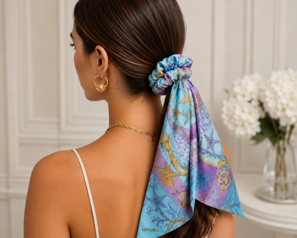 VERSACE – Trésor de la Mer Silk Scrunchie with Long Ribbon – Light Blue, Purple & Multicolor – 100% Silk – Made in Italy – 100% Authentic | Previously Owned