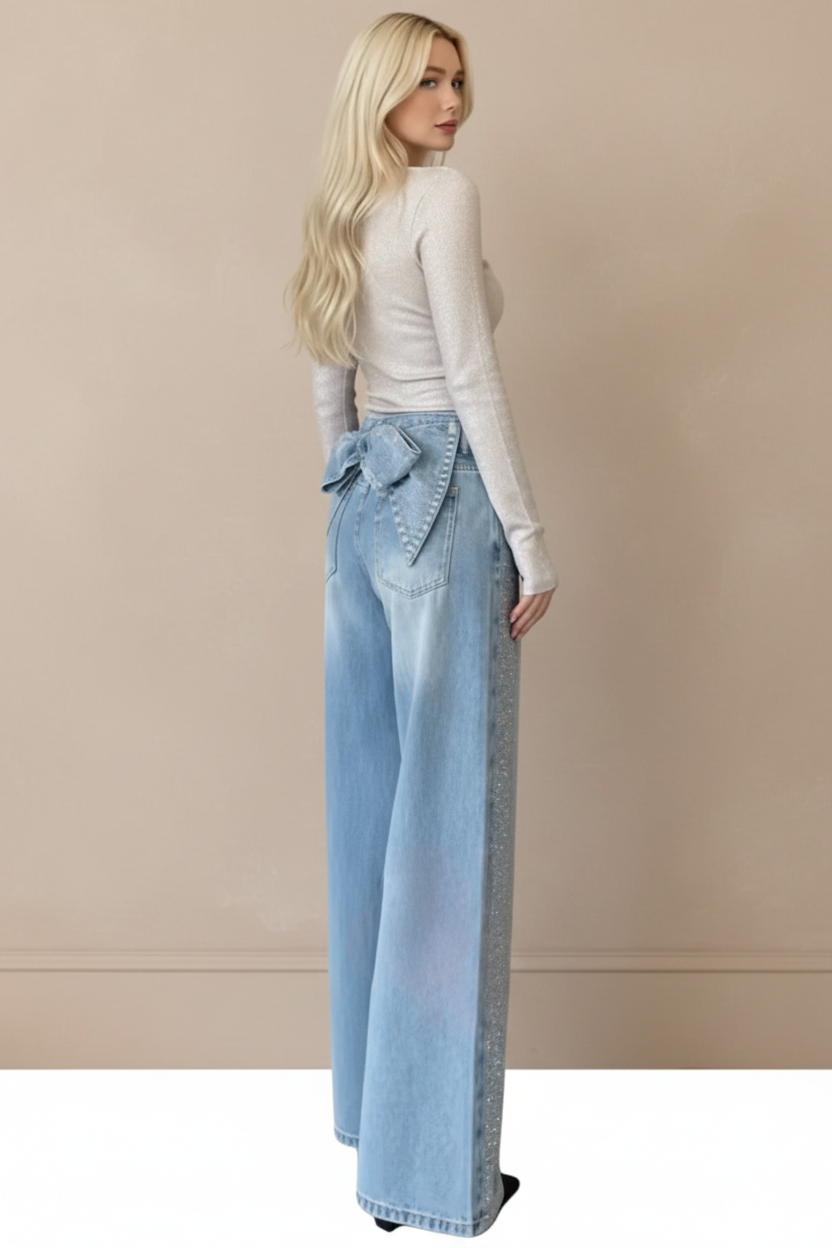 Bow Back Wide Leg Jeans | Rhinestone Detail High Waist Denim Pants