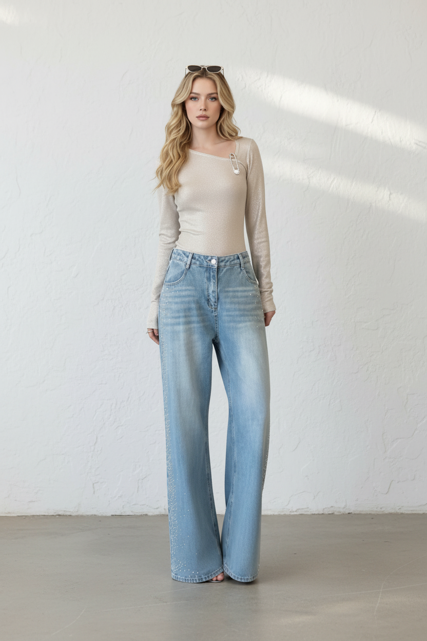 Bow Back Wide Leg Jeans | Rhinestone Detail High Waist Denim Pants