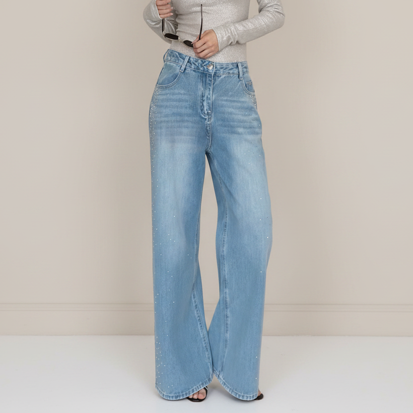 Bow Back Wide Leg Jeans | Rhinestone Detail High Waist Denim Pants