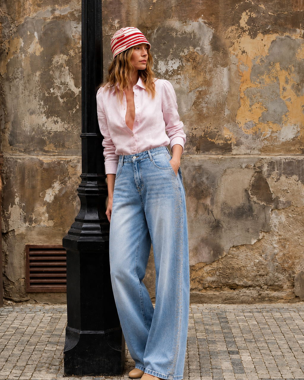 Bow Back Wide Leg Jeans | Rhinestone Detail High Waist Denim Pants