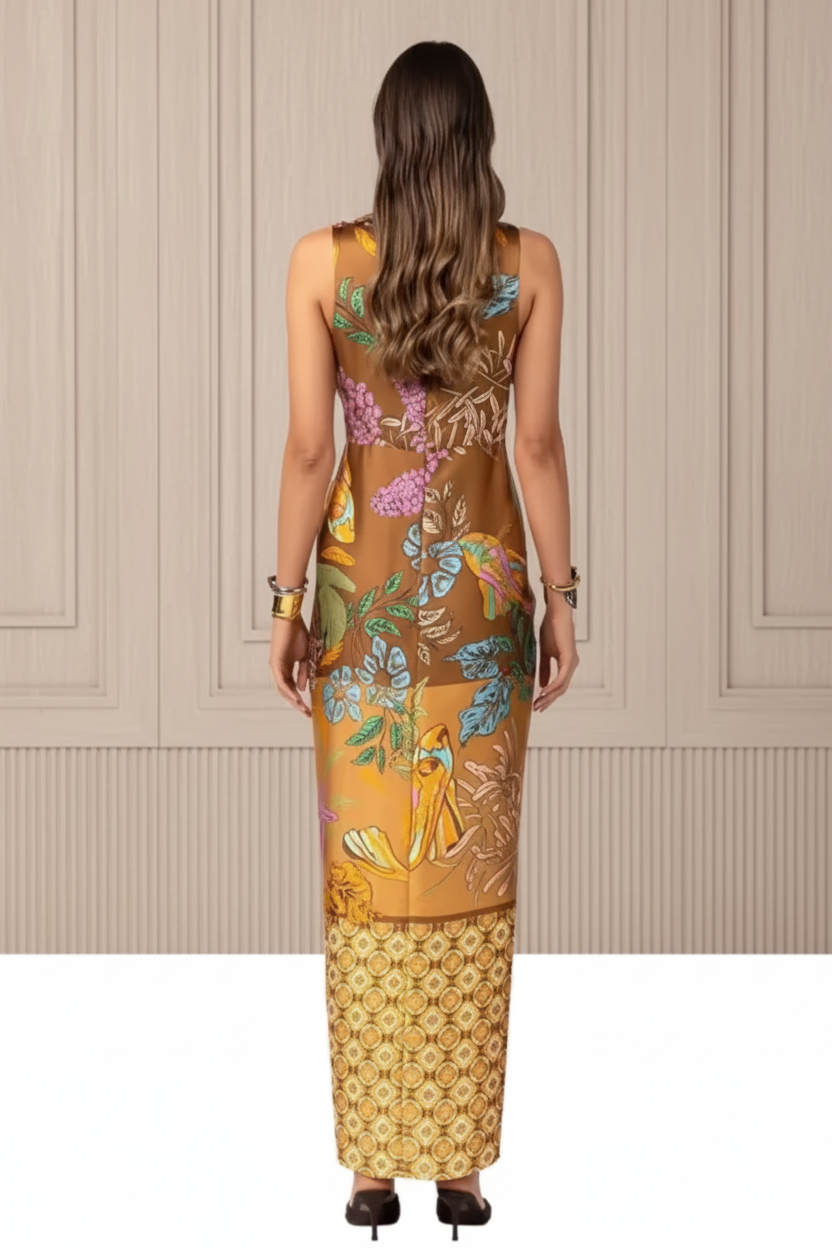 Tropical Twist Front Printed Maxi Dress – Deep V-Neck