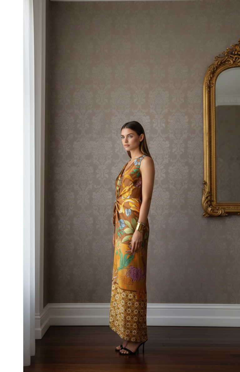 Tropical Twist Front Printed Maxi Dress – Deep V-Neck