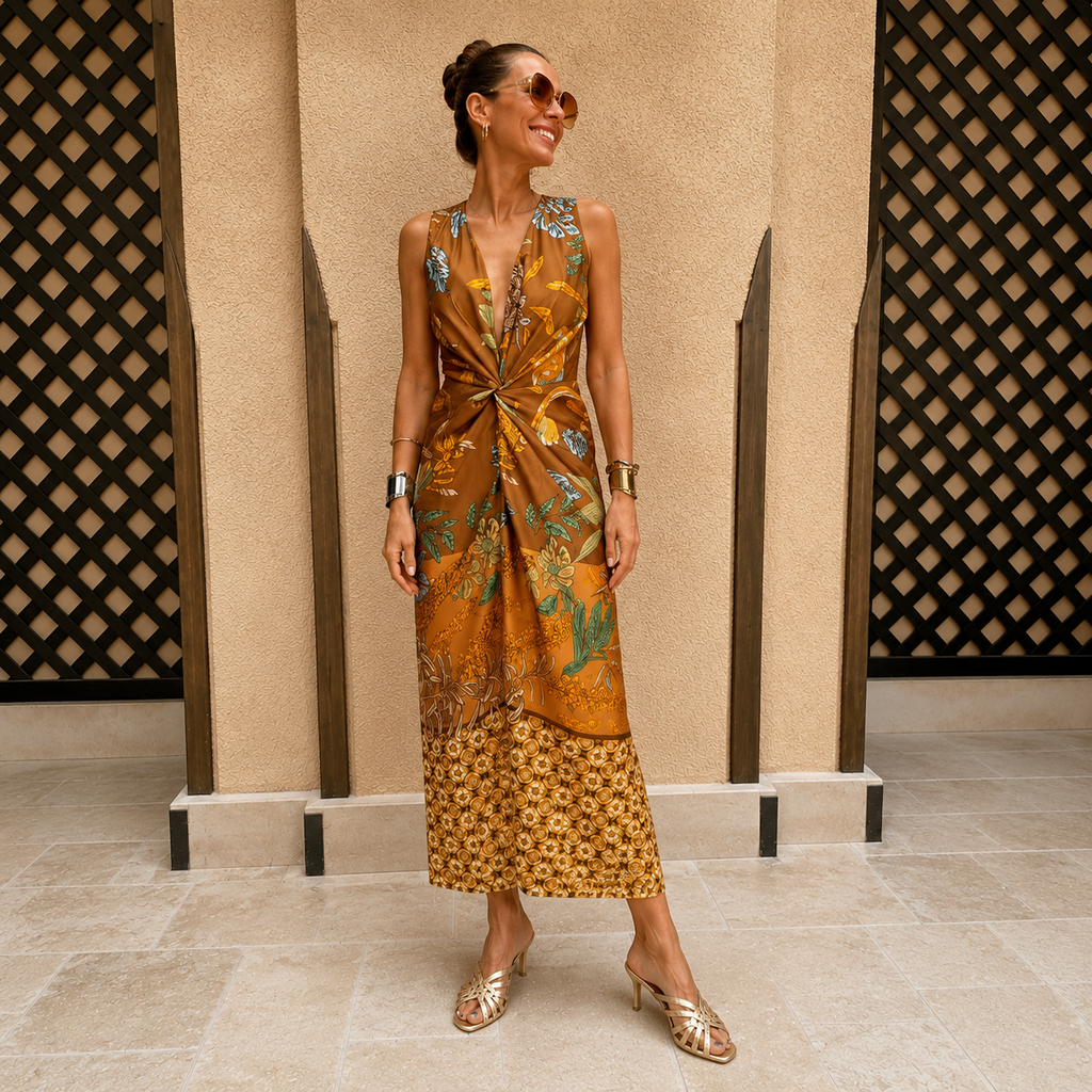 Tropical Twist Front Printed Maxi Dress – Deep V-Neck