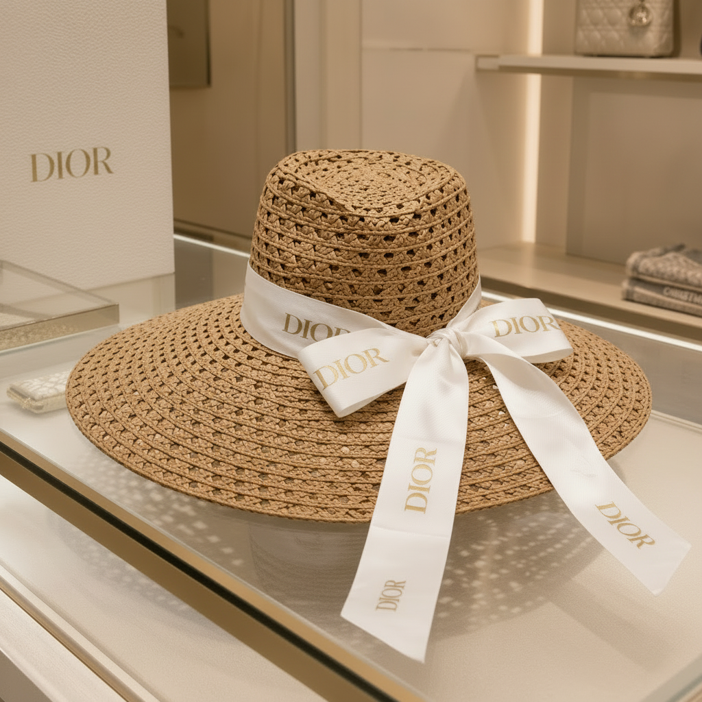 WIDE BRIM STRAW HAT|Adorn on with a Previously Owned Authentic Dior Ribbon