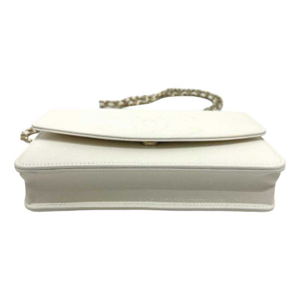 Chanel White Caviar Métiers d’Art Coco Mark Chain Wallet Authentic Previously Owned