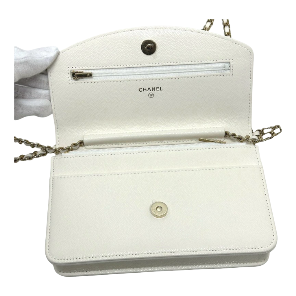 Chanel White Caviar Métiers d’Art Coco Mark Chain Wallet Authentic Previously Owned