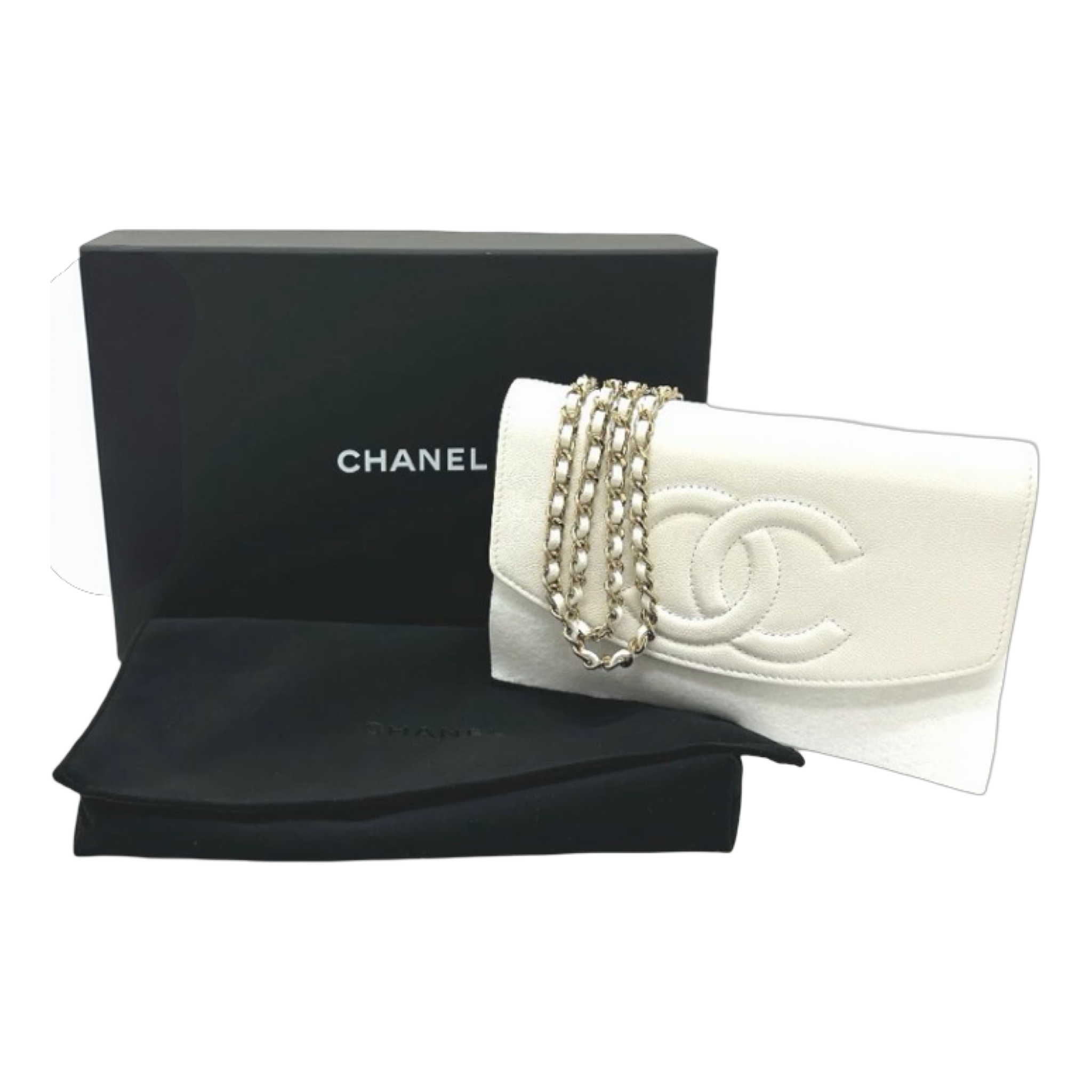 Chanel White Caviar Métiers d’Art Coco Mark Chain Wallet Authentic Previously Owned