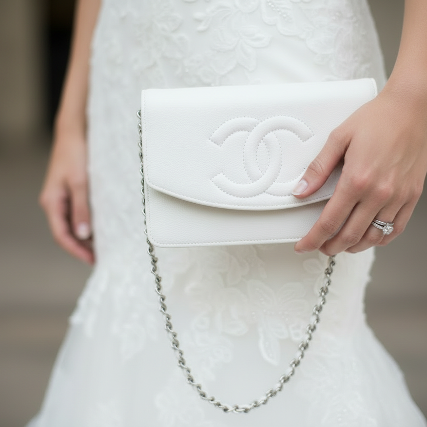 Chanel White Caviar Métiers d’Art Coco Mark Chain Wallet Authentic Previously Owned