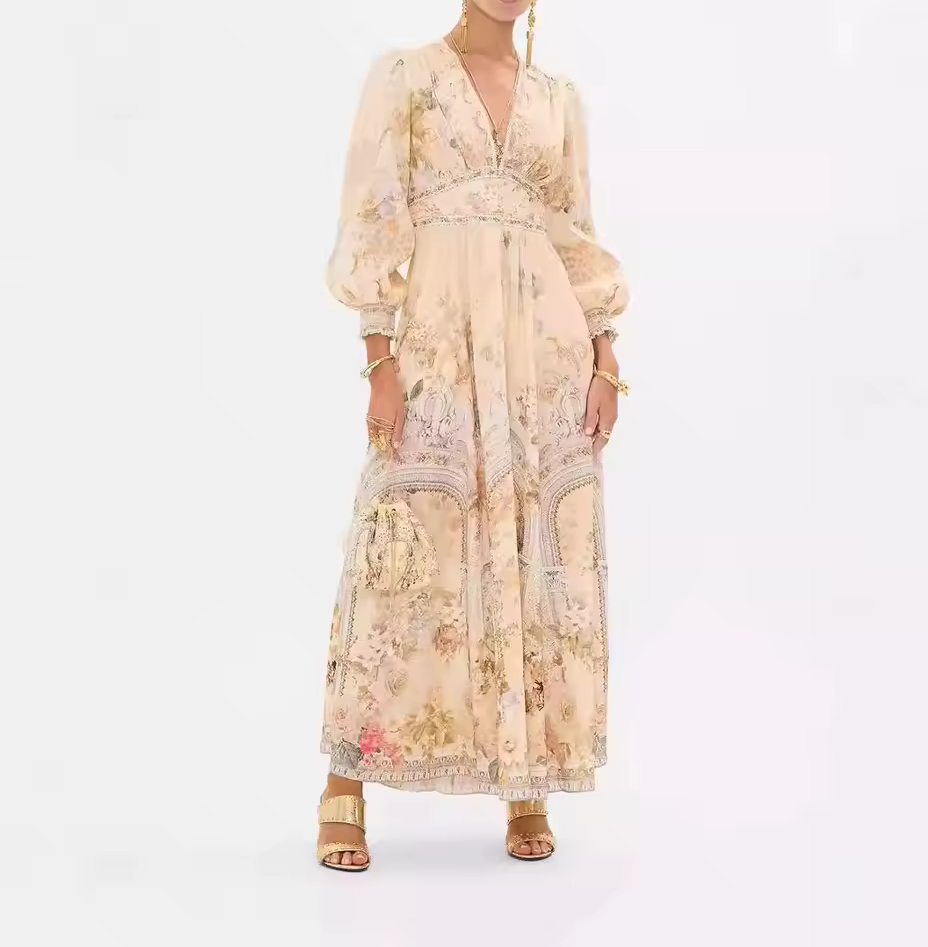 Women’s Printed Ankle-Length V-Neck Dress | Long Sleeve Sheath Maxi Dress