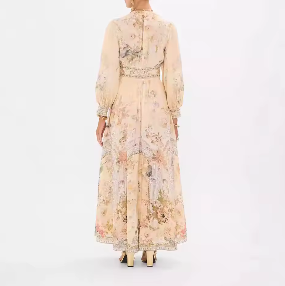 Women’s Printed Ankle-Length V-Neck Dress | Long Sleeve Sheath Maxi Dress
