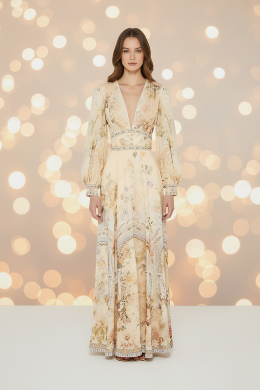 Women’s Printed Ankle-Length V-Neck Dress | Long Sleeve Sheath Maxi Dress