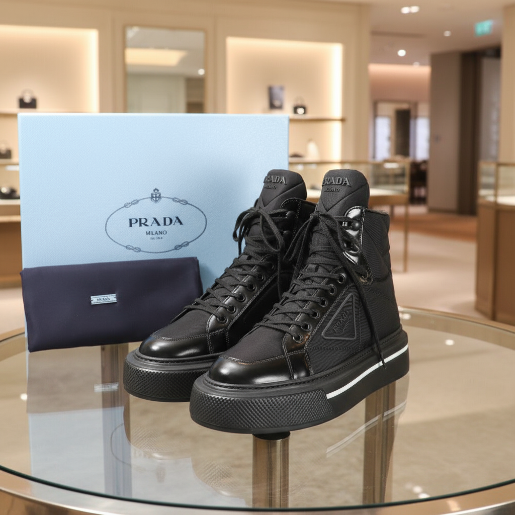 PRADA – Macro High Top Sneakers – Nylon Black/White – Women Size 37 (US 7) – 100% Authentic ✨Previously Owned Pristine Condition ~32% Off MSRP