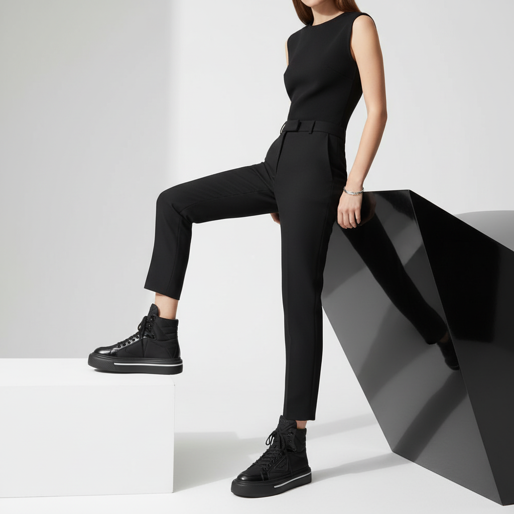 PRADA – Macro High Top Sneakers – Nylon Black/White – Women Size 37 (US 7) – 100% Authentic ✨Previously Owned Pristine Condition ~32% Off MSRP