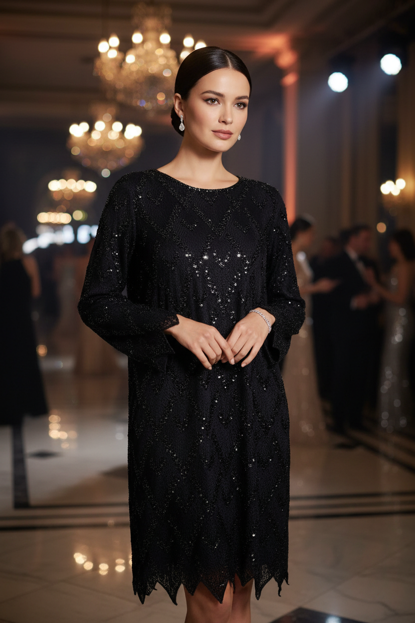 Sequin Argyle Knit Mini Dress – Long Sleeve Lace Tunic with Diamond Pattern