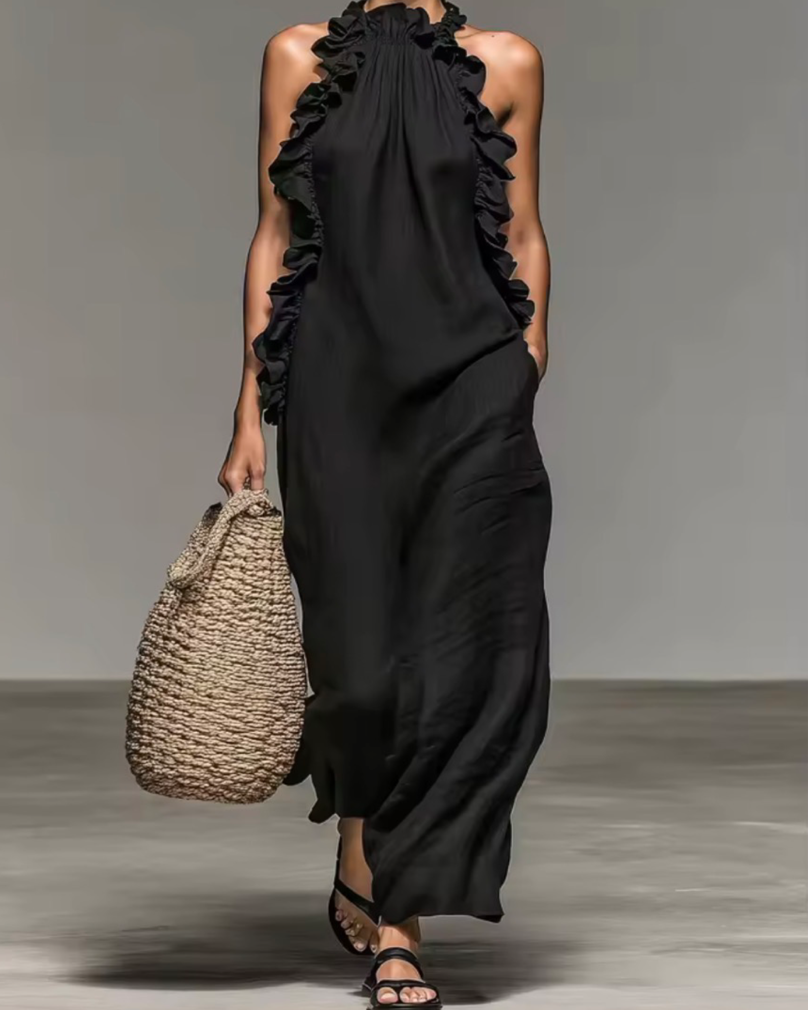 Halter Neck Flounce Maxi Dress | Sleeveless A-Line Dress