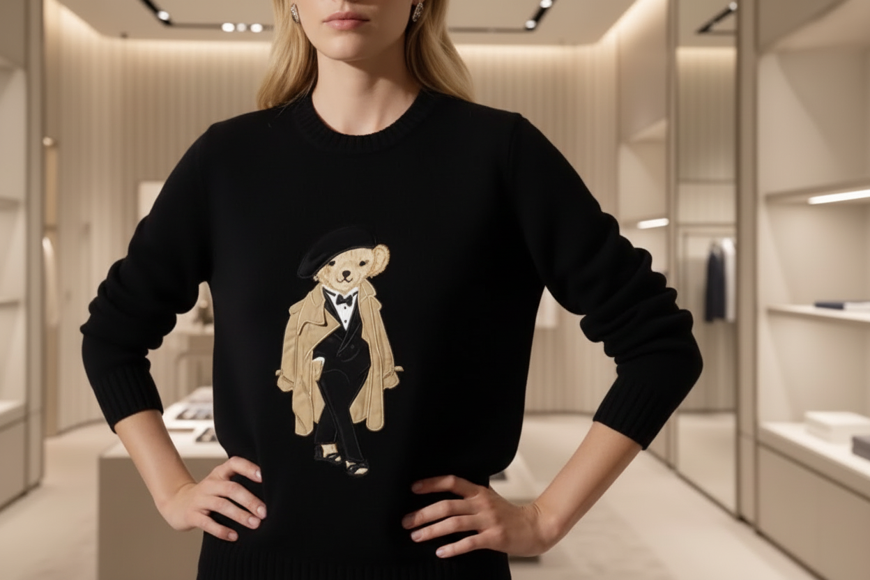Luxury Bear Motif Knit
Sweater for Women - Black
Long-Sleeve Pullover, Autumn Winter Statement Knitwear, Relaxed Fit